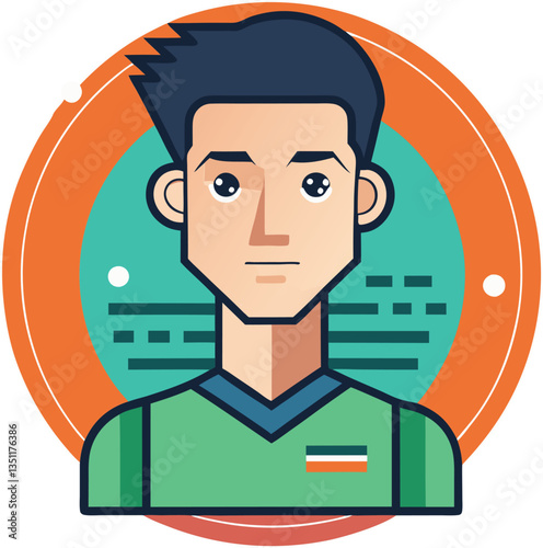 Cartoon Young Man in Sports Shirt with Flag, A cartoon young man wearing a sports shirt with a flag design, representing athleticism and energy in a dynamic, modern style.
