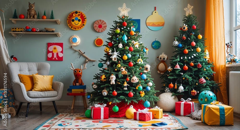 Christmas tree with playful toy decorations in children’s playroom Christmas tree with playful toy decorations in children’s playroom