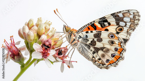 Colorful butterfly on delicate flower blossom.