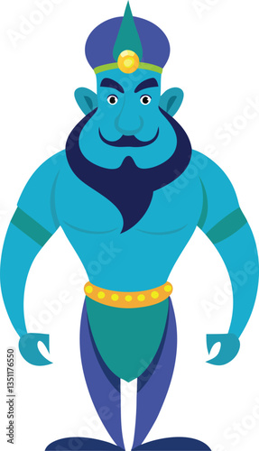 Cartoon Blue Genie with Turban and Golden Belt, A vibrant cartoon blue genie with a turban and golden belt, representing magic, strength, and fantasy.
