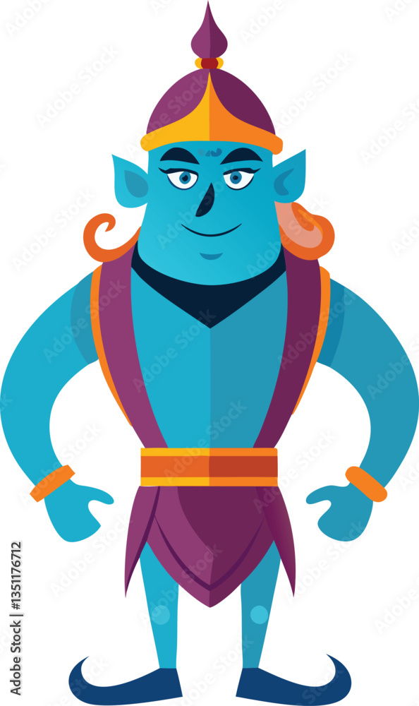 Cartoon Blue Genie with Purple Outfit and Crown, A strong and confident cartoon blue genie wearing a purple outfit and crown, representing magic and fantasy.
Cartoon Blue Genie with Purple Outfit and Crown, A strong and confident cartoon blue genie wearing a purple outfit and crown, representing magic and fantasy.