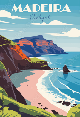 Madeira, Portugal travel destination poster in retro style. Sea beach landscape colorful vector art illustration