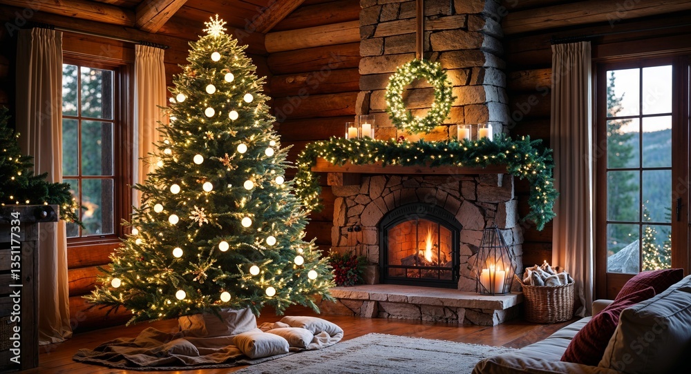 Christmas tree with warm white lights in rustic log cabin Christmas tree with warm white lights in rustic log cabin