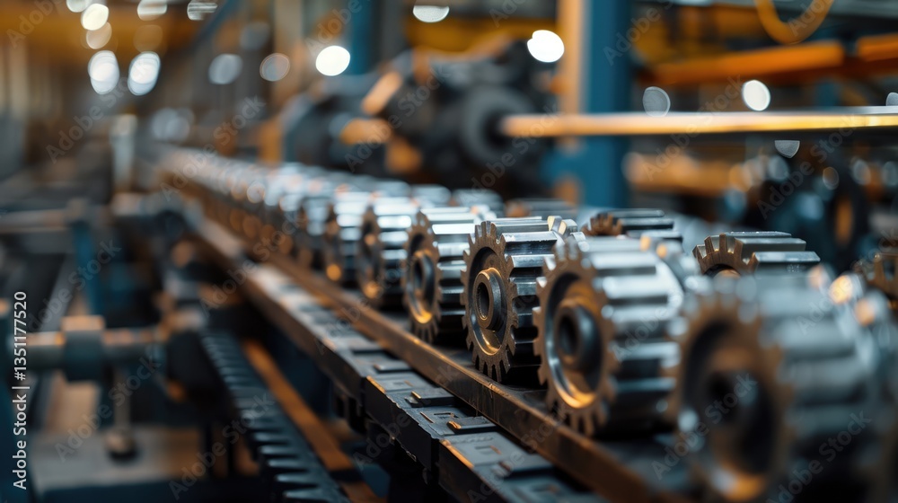 Gears on a Conveyor Belt in a Factory Gears on a Conveyor Belt in a Factory