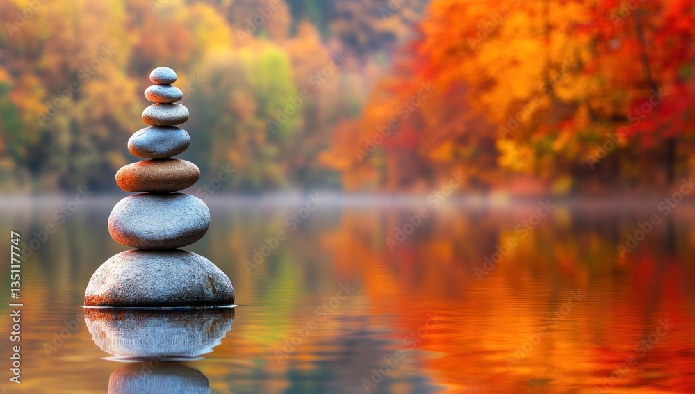 Obraz premium Stacked stones balanced in water with autumn trees behind them