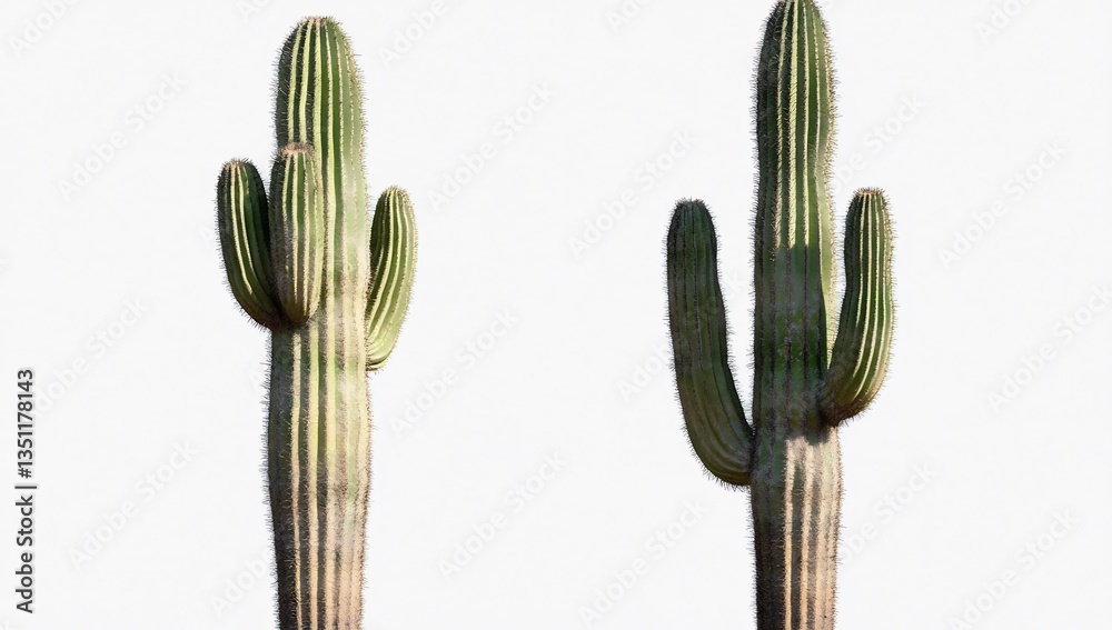 Two saguaro cacti against white background; desert landscape Two saguaro cacti against white background; desert landscape