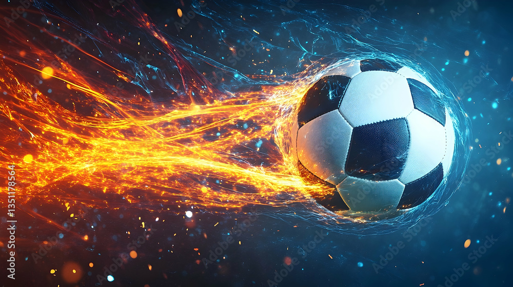 Fototapeta premium Dynamic soccer ball in motion with fiery trails, set against a vibrant blue background