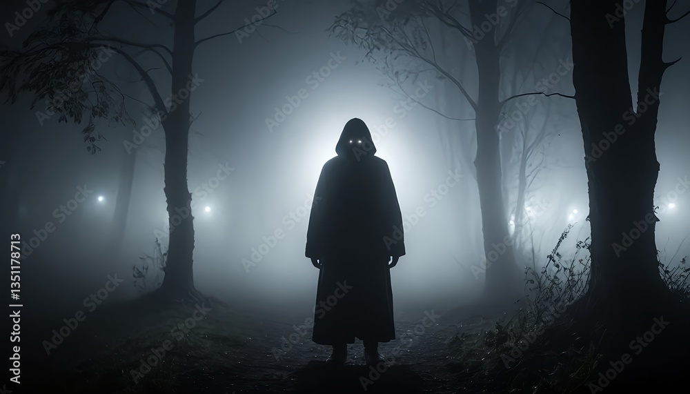 Mysterious Figure in Foggy Forest at Night Mysterious Figure in Foggy Forest at Night
