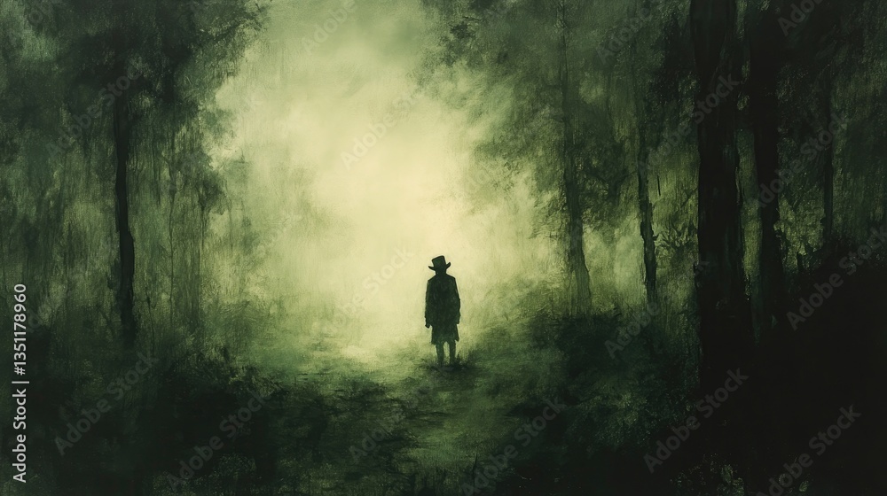 Misty Forest Path, Silhouetted Figure, Exploring, Background Use Misty Forest Path, Silhouetted Figure, Exploring, Background Use