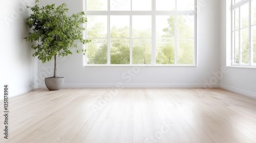 Wallpaper Mural Bright, empty room with large windows and a potted tree Torontodigital.ca