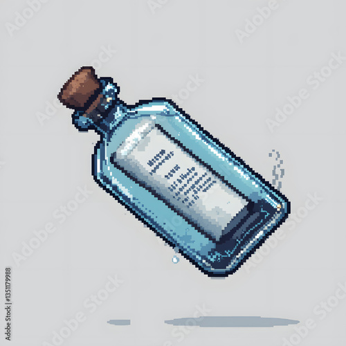 8-Bit Pixel Art Floating Message in a Bottle with a Rolled-Up Note on a White Background