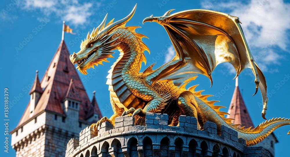 Fototapeta premium Golden Dragon With Metallic Scales Perched on Majestic Castle Turret