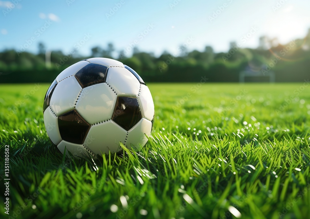 Fototapeta premium Soccer ball resting on lush green grass in the sunlight.