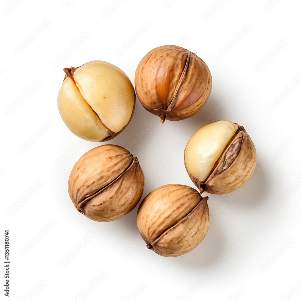 Five Opened Macadamia Nuts on White Background Five Opened Macadamia Nuts on White Background