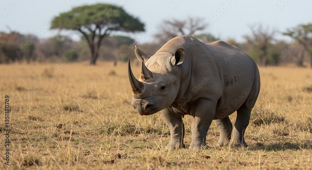 Obraz premium Solitary Rhino Standing in Savannah Grassland Habitat Wildlife Photography