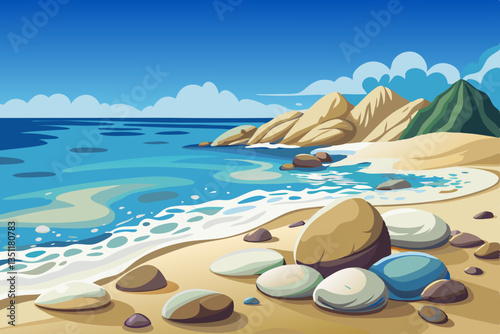 sandy beach with stones and sea vector background, cartoon illustration