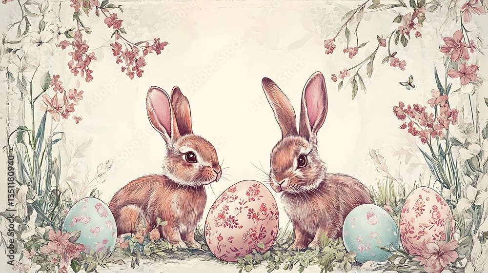 Fototapeta premium Easter Bunnies Eggs Spring Flowers. (12)