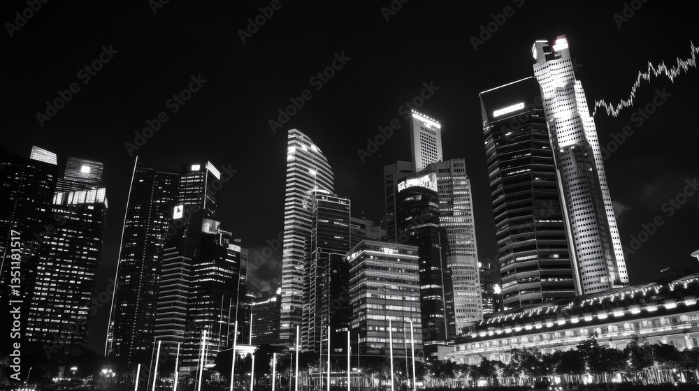 Fototapeta premium Night Singapore city skyscrapers. Forex financial rising graph and chart with bar diagrams that illustrate investment management on stock market. Concept of international internet trading