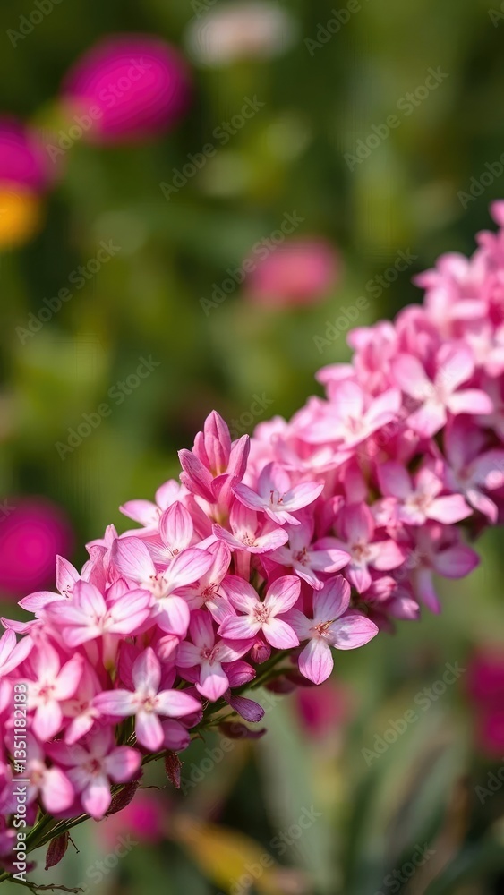 Delicate pink Erinus alpinus flowers blooming in a horizontal row, floral background, blooms Delicate pink Erinus alpinus flowers blooming in a horizontal row, floral background, blooms