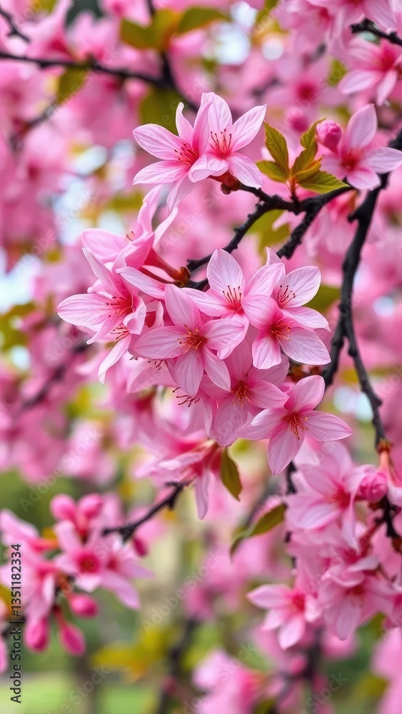 Delicate pink petals unfolding on padauk tree branches, flower blooms, garden flowers Delicate pink petals unfolding on padauk tree branches, flower blooms, garden flowers