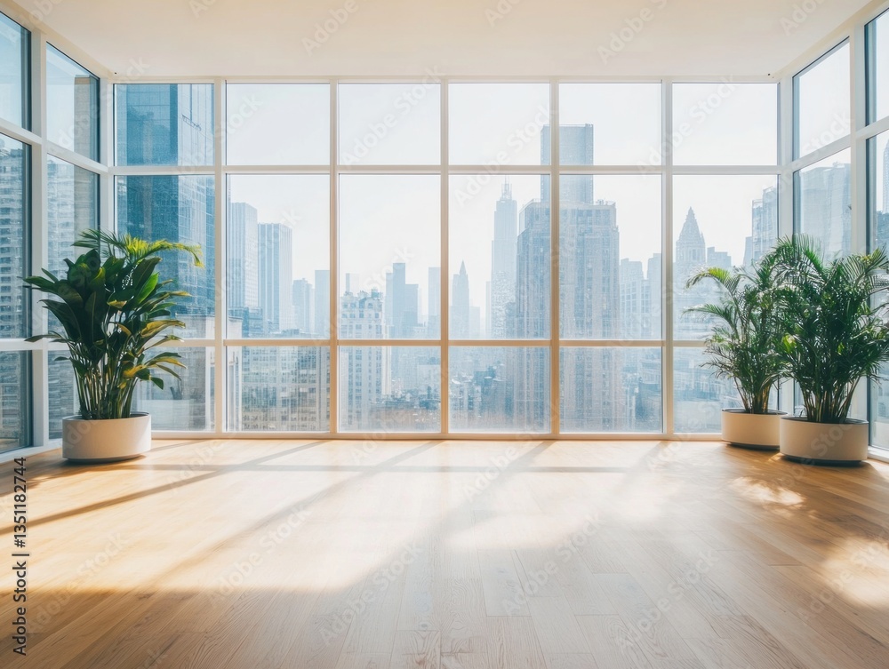 Fototapeta premium A bright modern room with city views and indoor plants