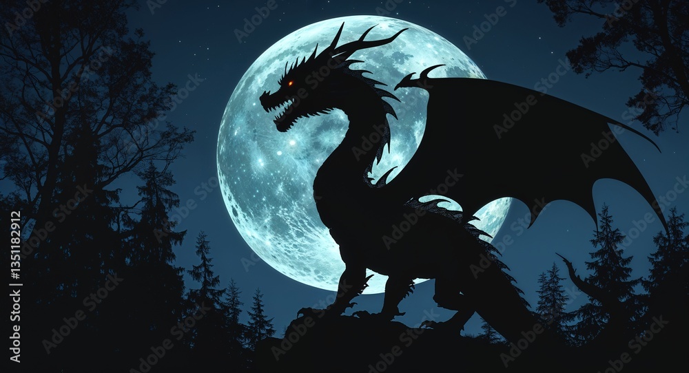 Fototapeta premium Shadowy Dragon Silhouette Against Full Moon Over Dark Forest
