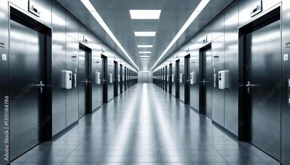 Fototapeta premium Modern hallway with identical restroom metallic doors leading into the distance 