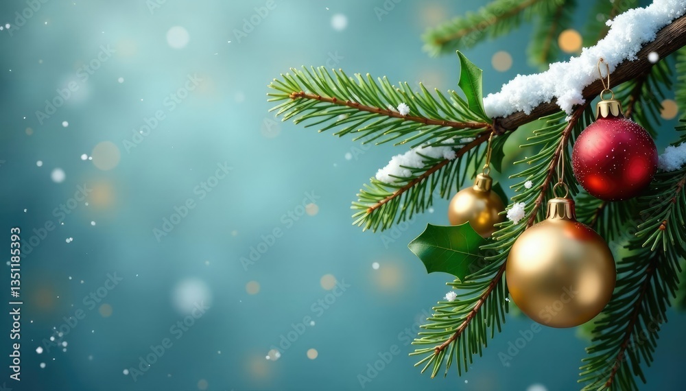 Obraz premium Snow-covered branch adorned with golden ornaments and lush green holly, Christmas, festive