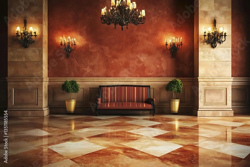 Luxurious red-walled hall with antique-style couch and chandelier. Perfect for luxury hotels, interior design inspiration, or real estate listings photo