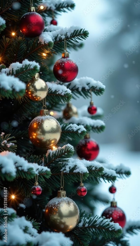 Snow-covered fir tree with delicate glass ornaments and frosted garland, fir, snow-covered Snow-covered fir tree with delicate glass ornaments and frosted garland, fir, snow-covered