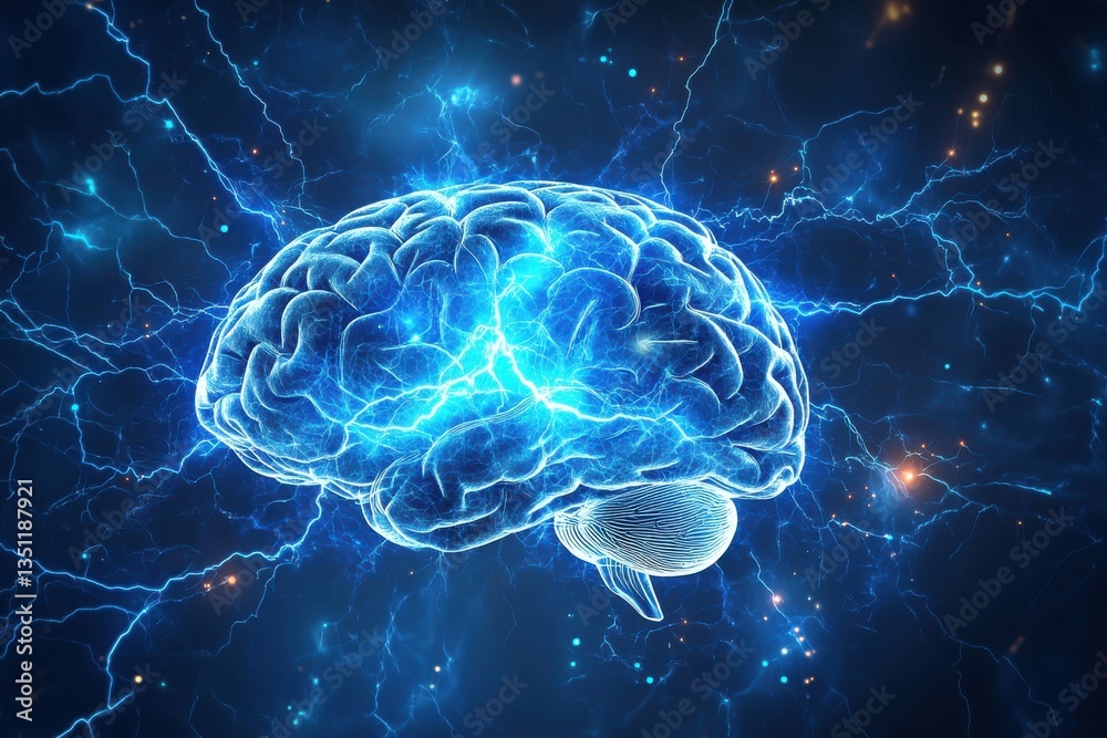 Human brain digital illustration. Electrical activity, flashes and lightning on a blue background. Digital Illustration of the Human Brain. Human brain digital illustration. Electrical activity, flashes and lightning on a blue background. Digital Illustration of the Human Brain.