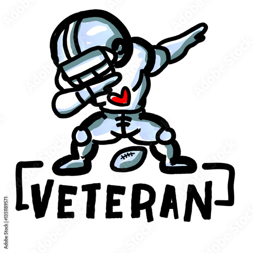 Veteran football player doing a dab with heart logo, representing experience and pride. Perfect for trendy sports designs and motivational graphics.