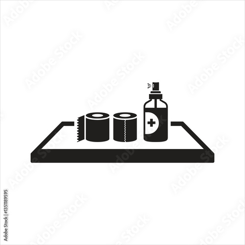 Toilet paper and hand sanitizer on the shelf icon. Hand sanitizer icon
