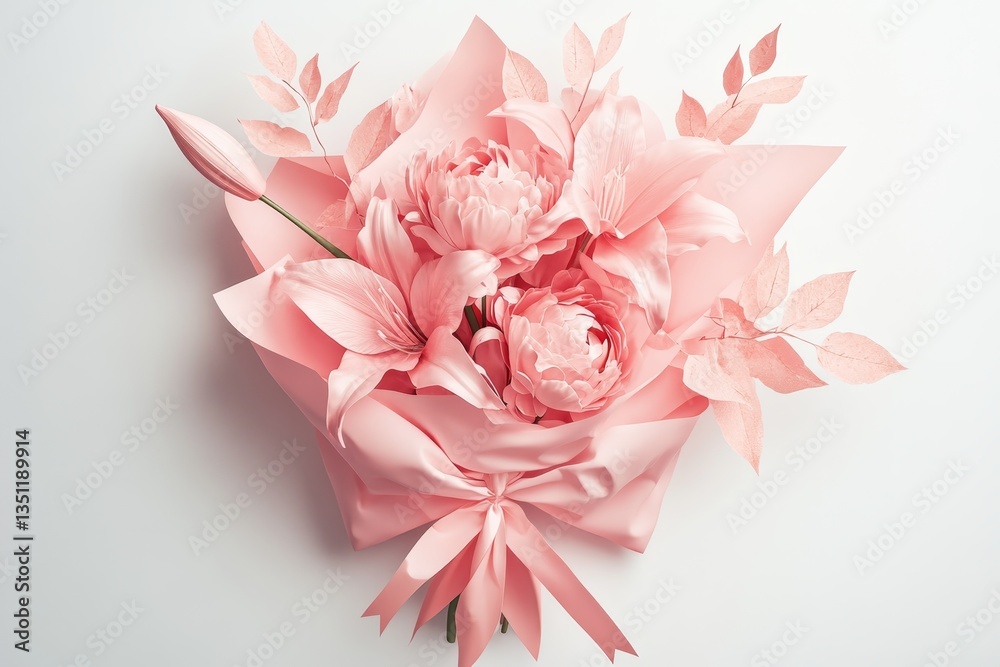 Minimalist flat lay of a pink flower bouquet with peonies, roses, and lilies on a white background Minimalist flat lay of a pink flower bouquet with peonies, roses, and lilies on a white background