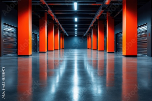 Long storage unit hallway with orange pillars and rolling metal doors. Perfect for representing storage solutions, logistics, or industrial settings.