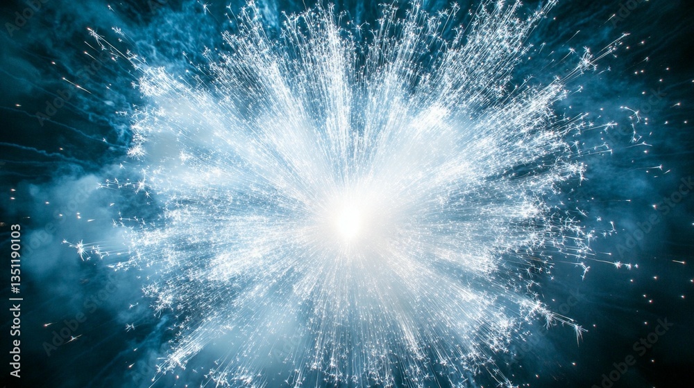 Naklejka premium Abstract light burst, radiating energy, bright white center, blue and teal hues, dark background.