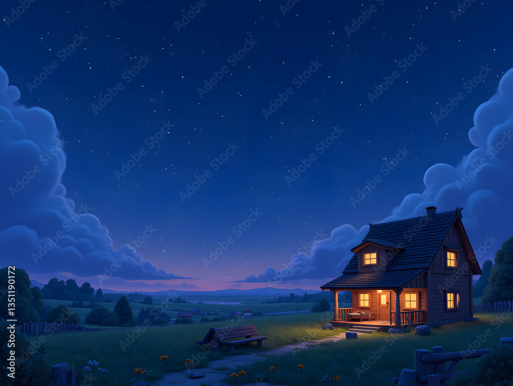 Fototapeta premium Illustration of a quiet night in the summer countryside, illustration of the Beginning of Summer solar term scene