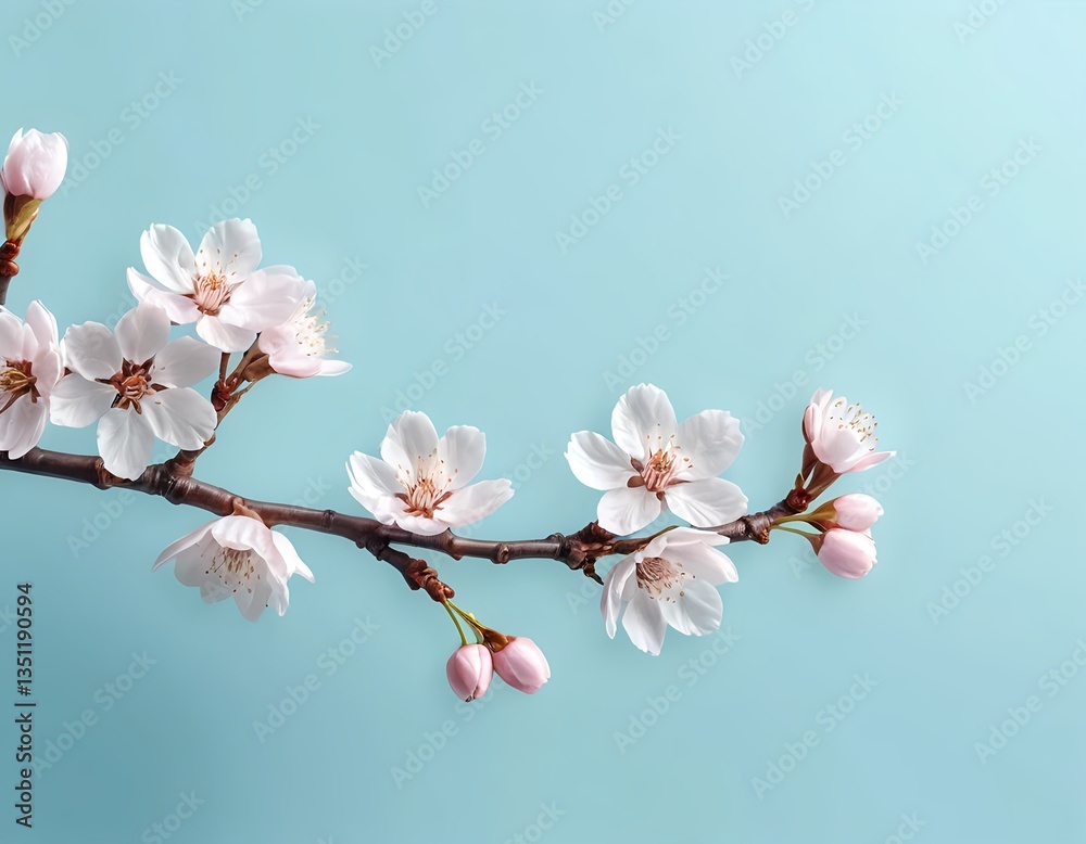 Fototapeta premium Delicate Pink Cherry Blossoms on Light Blue Background