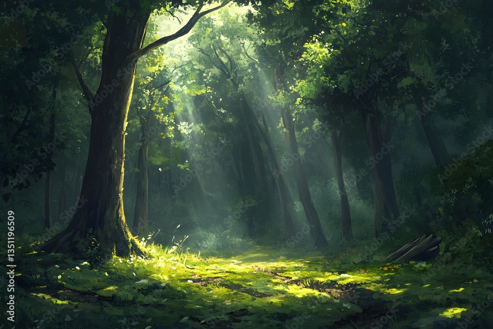 Fototapeta premium A Sunlit Path Through the Mystical Emerald Canopy of an Ancient Forest
