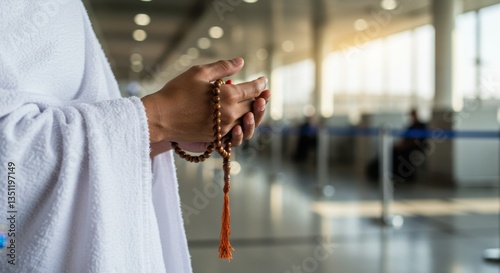 A Person in Ihram Garments Holding Prayer Beads at Airport Terminal