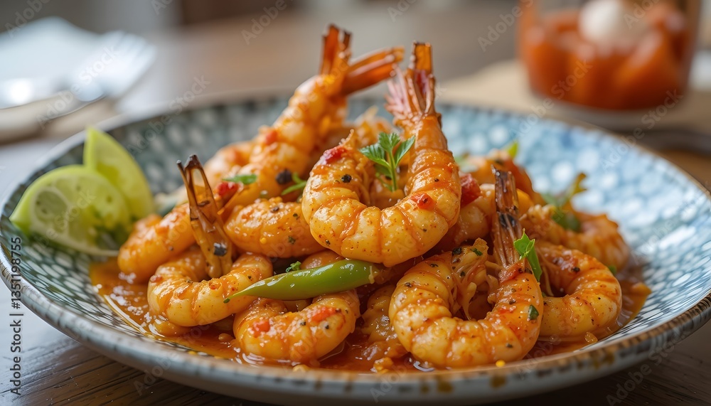 Spicy Shrimp Garnished with Lime and Herbs: A Zesty Delight Spicy Shrimp Garnished with Lime and Herbs: A Zesty Delight
