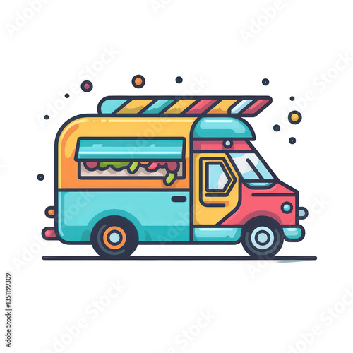 Colorful food truck serving snacks, cartoon illustration on a white background with sparkle effects isolated on white or transparent png