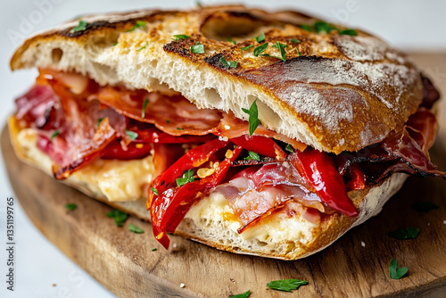  a Spanish bocadillo sandwich, filled with jamÃ³n ibÃ©rico, manchego cheese, and roasted red peppers, cut in half and served on crusty bread on a wooden board photo