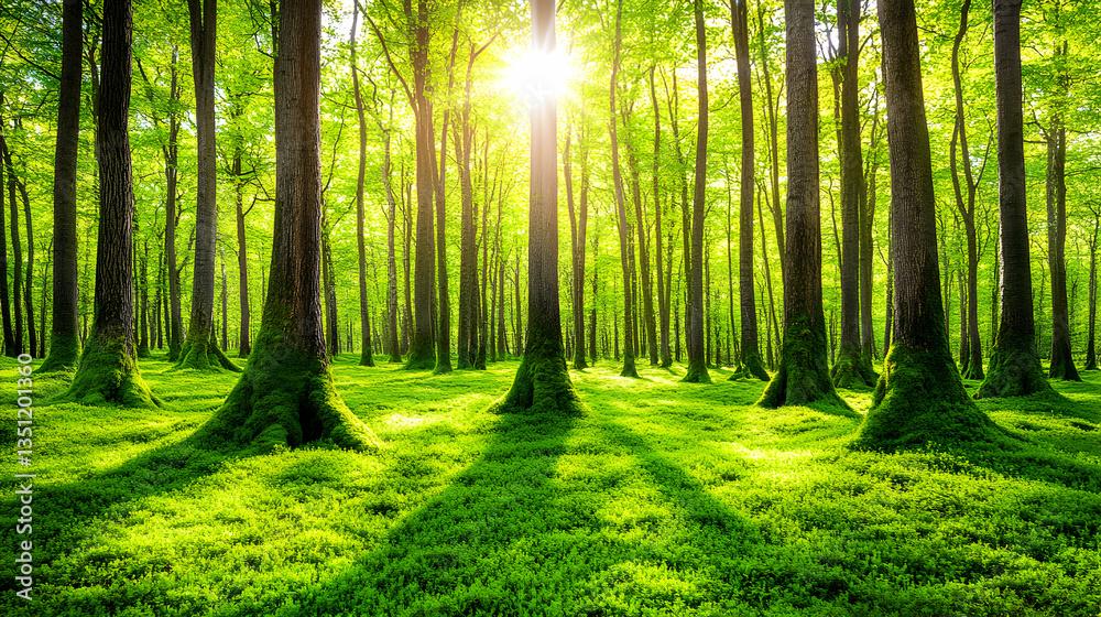Obraz premium Sunlit green forest with moss-covered trees, vibrant spring foliage, and dappled sunlight creating a tranquil, natural scene.