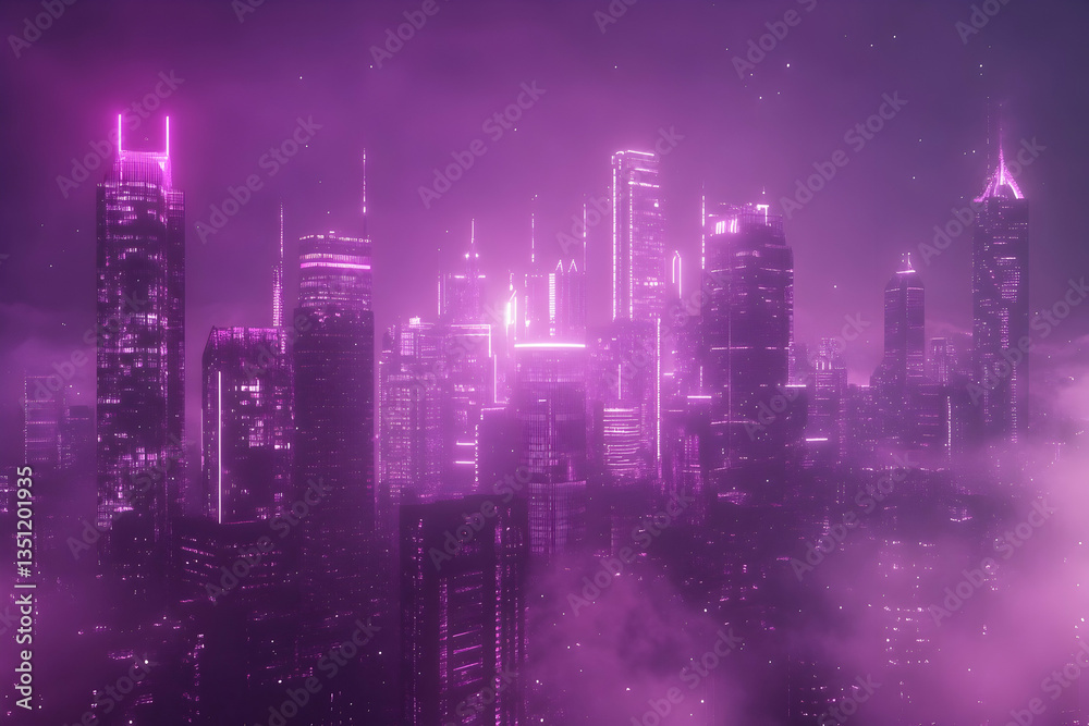 Illuminated futuristic cityscape towers above a mysterious atmospheric fog