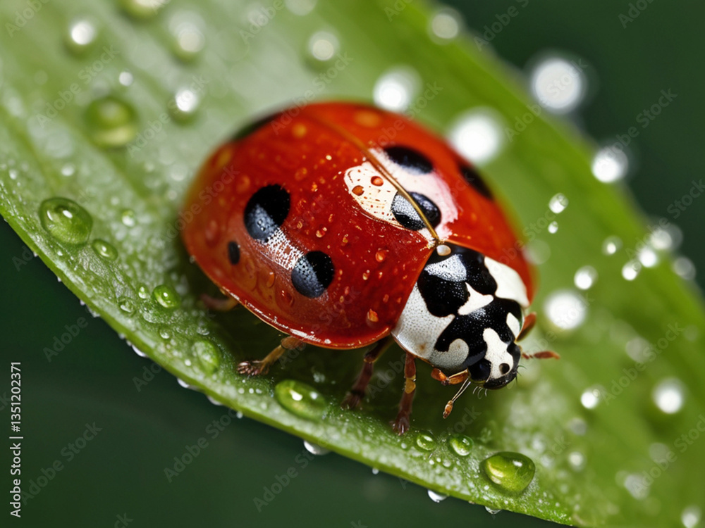 Obraz premium Close-up ladybug on a blade of grass with water drop in the rainy season.