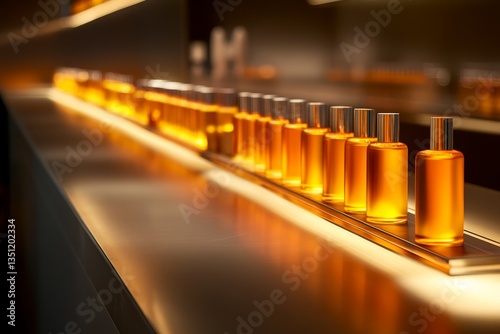 Sleek display stand features a new line of products with elegant bottles under soft lighting, creating a refined atmosphere in a modern retail environment