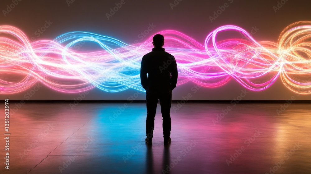 A solitary figure stands in silhouette, immersed in swirling neon lights of pink, blue, and gold, showcasing an energetic and abstract environment A solitary figure stands in silhouette, immersed in swirling neon lights of pink, blue, and gold, showcasing an energetic and abstract environment
