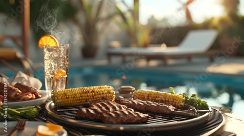 A cozy Labor Day barbecue with grilled meats, corn on the cob, and a cool drink by the pool pic