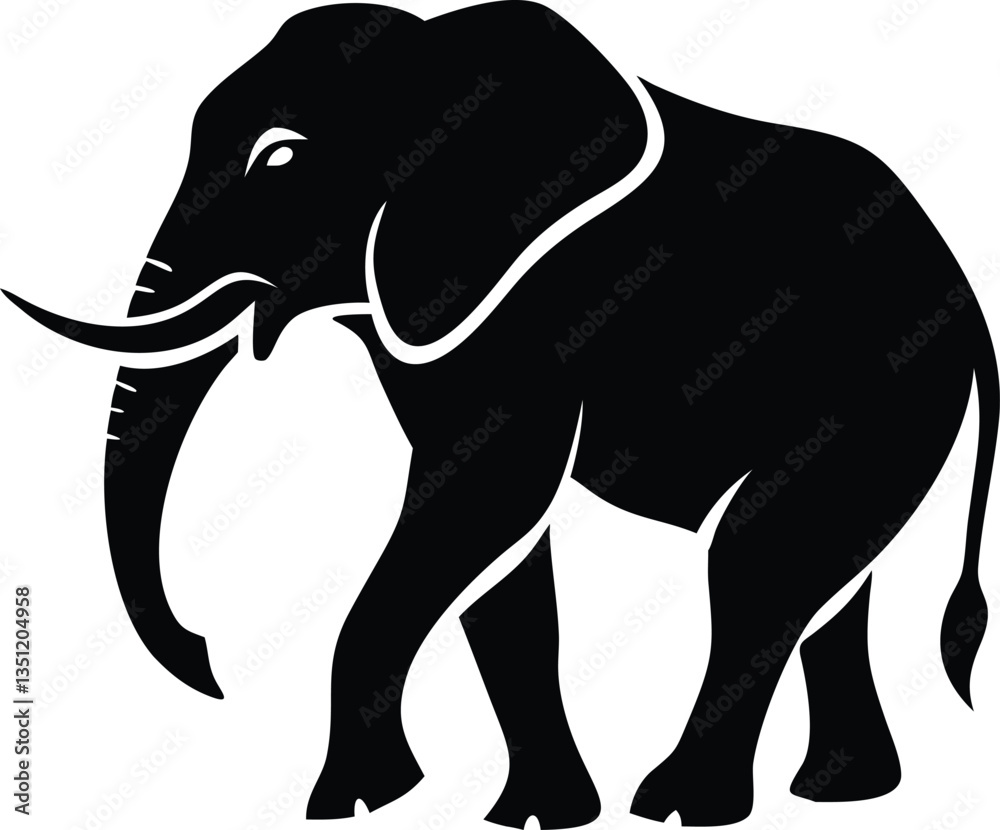 Fototapeta premium Silhouette of walking African elephant, with trunk down, on white background
